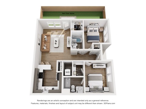 Floor plan for 2 beds, 2 baths, 954 sqft